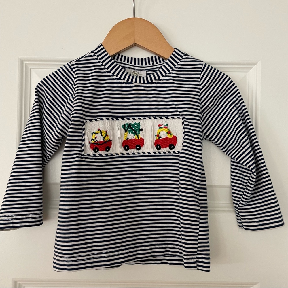 Sew Magnolia Smocks Cozy Coupe striped Christmas shirt